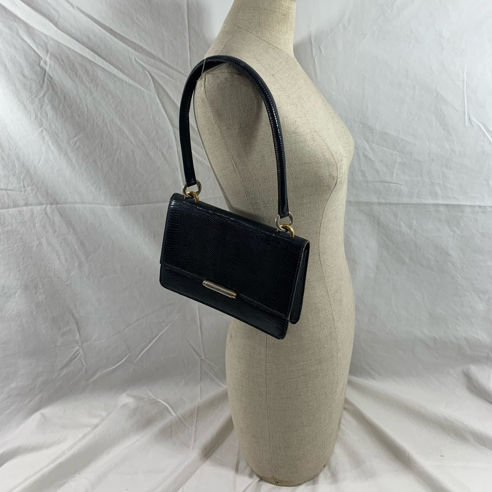 Genuine vintage black lizard handbag purse front flap France